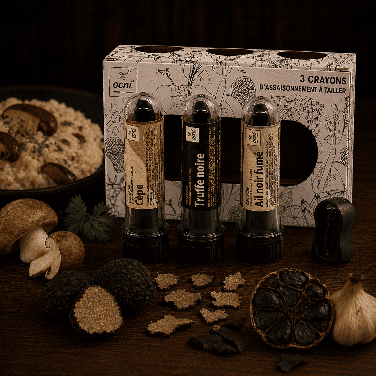 Coffret 3 crayons Truffe noire, Cèpe, Ail noir fumé – OCNI 54g